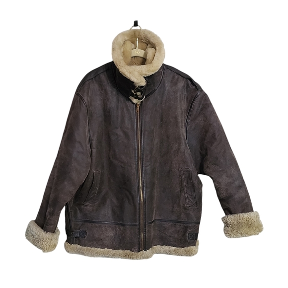 Vintage leather jacket brown faux fur Aviator oversized boyfriend 90s grunge XL - Picture 3 of 9